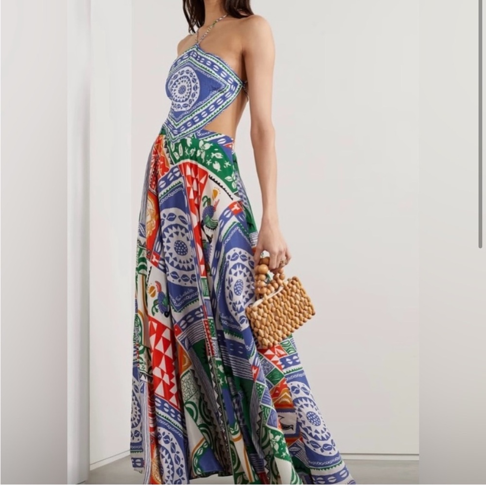 NWT Farm Rio - Pitta Cutout Embellished Printed Crepe De Chine Maxi Dress